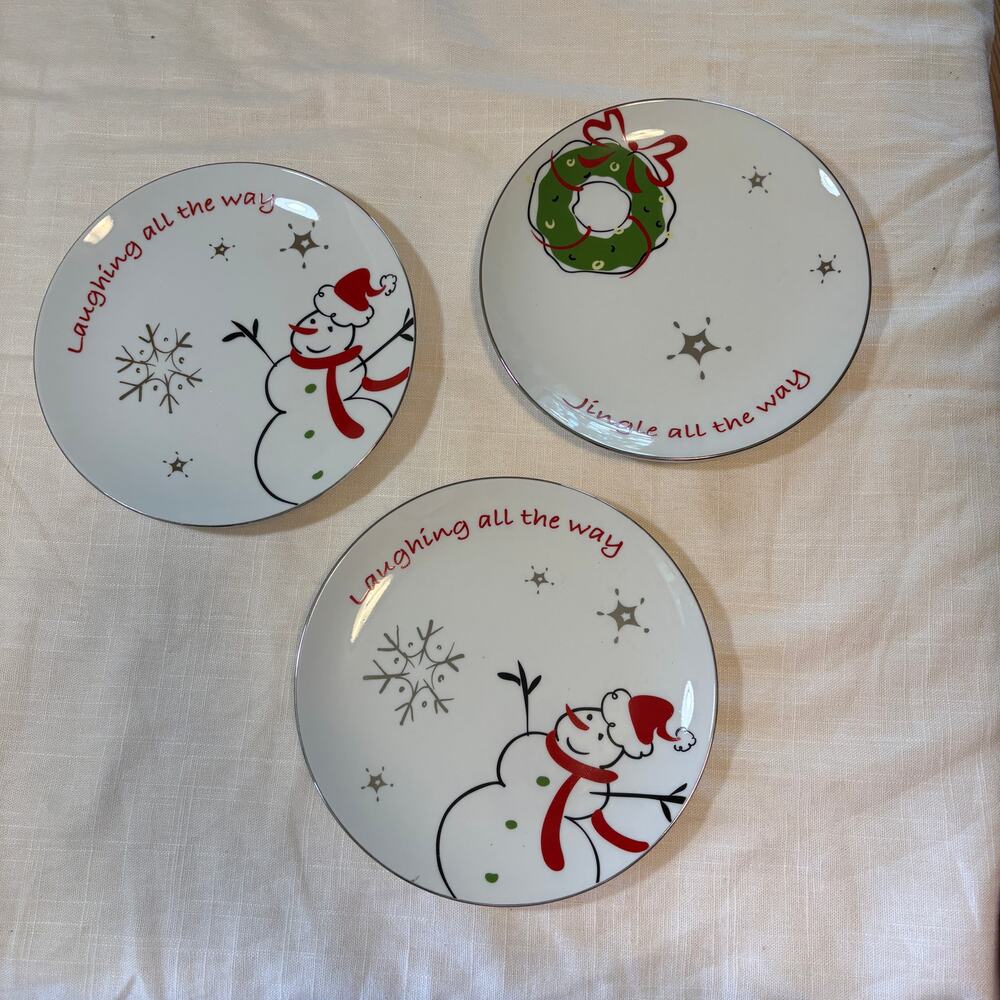 JCPenney Studio Christmas Plates Set of 3 Snowman Wreath Holiday Dessert 8"